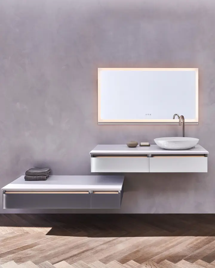 minimalist luxury bathroom with sleek elegant vanities and beautiful bathroom mirror with lights
